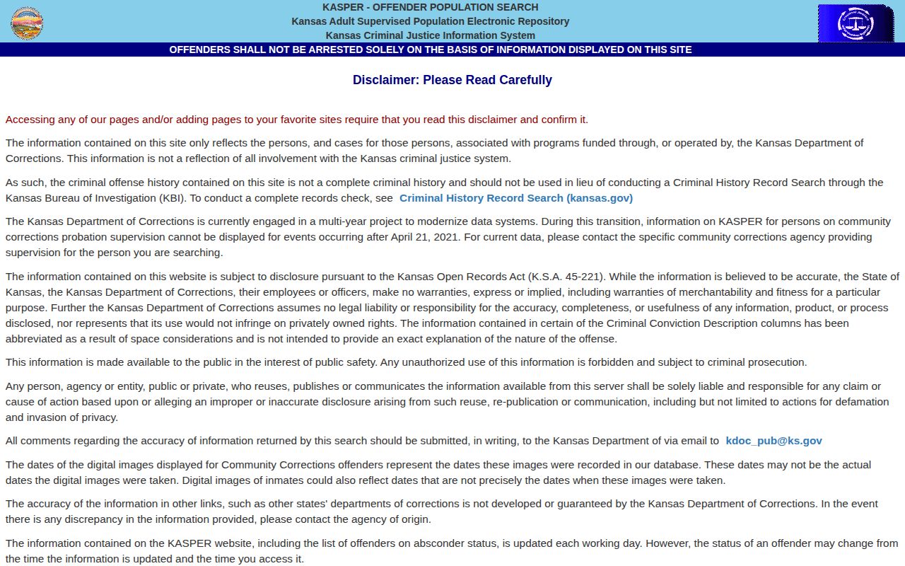 KASPER offender search disclaimer and start screen
