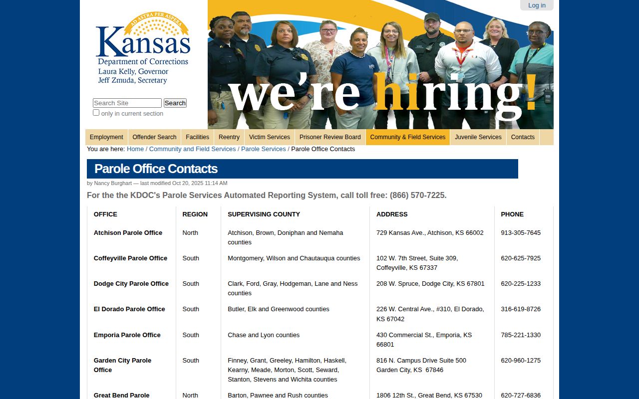 KDOC office contacts for Wilson County post-release supervision